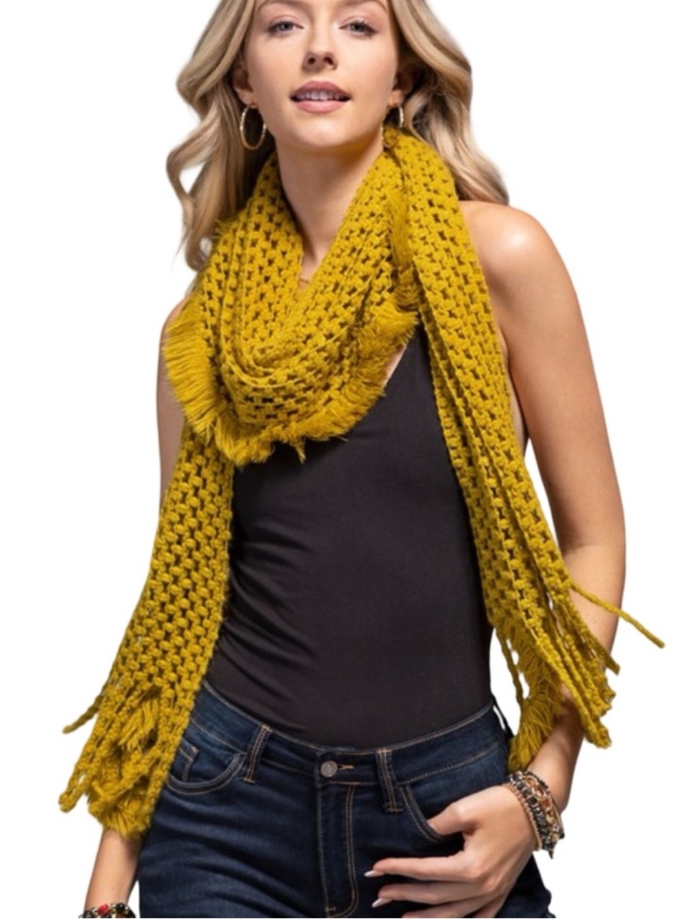 NWT Mustard Yellow Soft Net Scarf With Fringe Frayed Accent